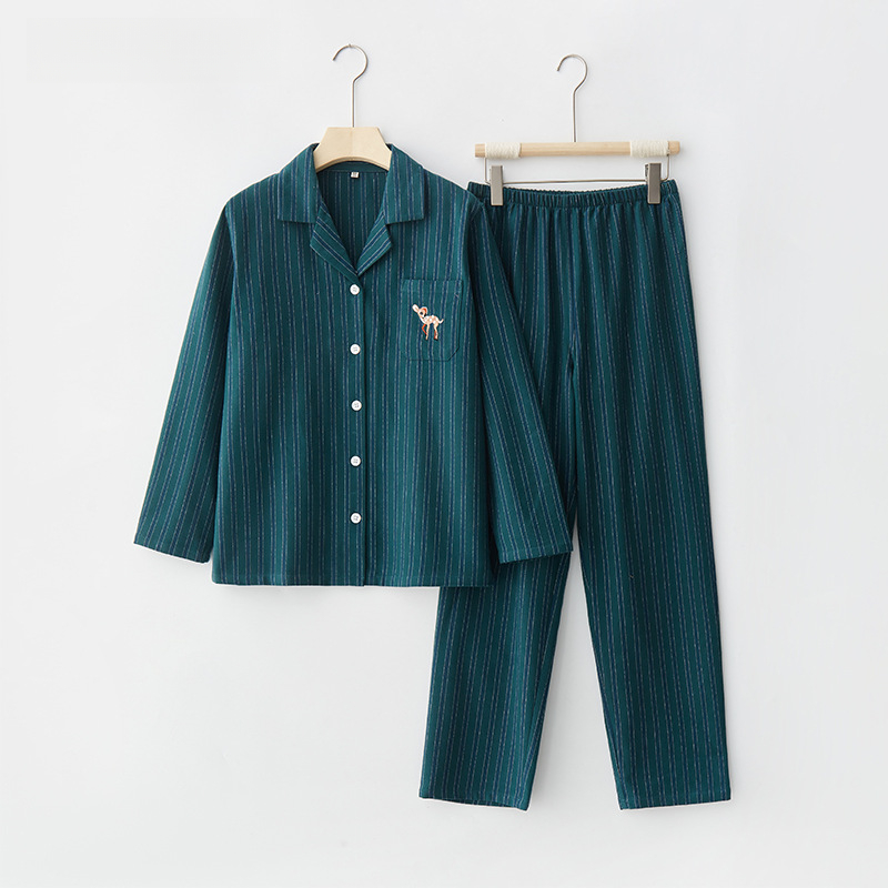 女士春秋純棉情侶條紋刺繡翻領長袖長褲居家服合集