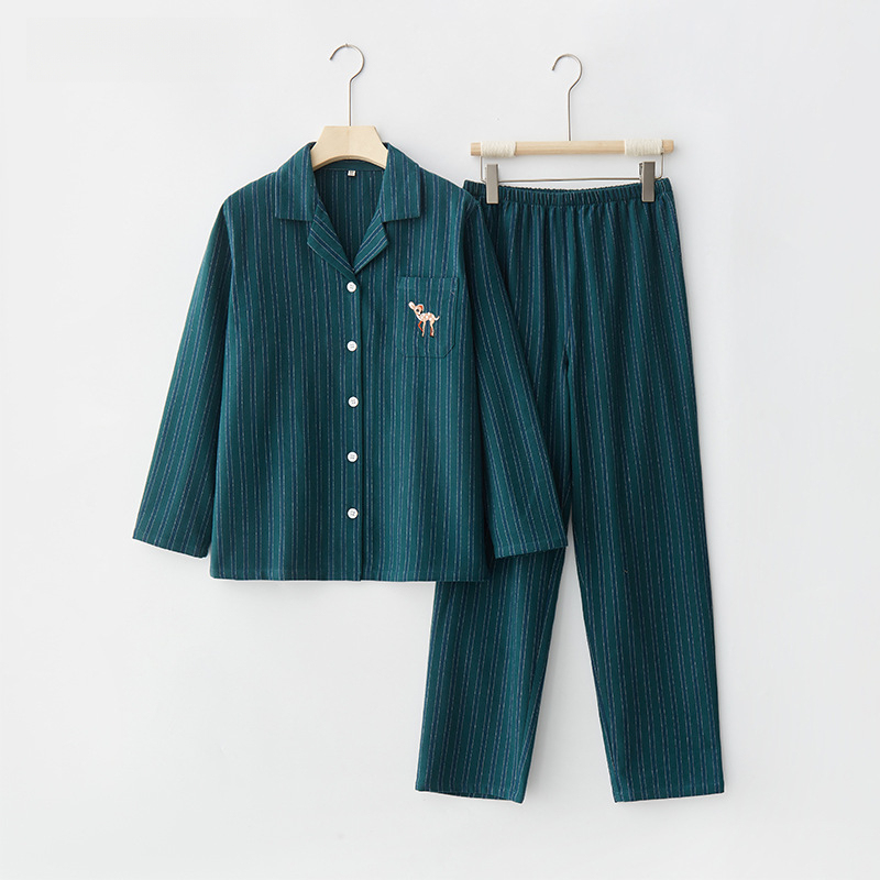 女士春秋純棉情侶條紋刺繡翻領長袖長褲居家服合集