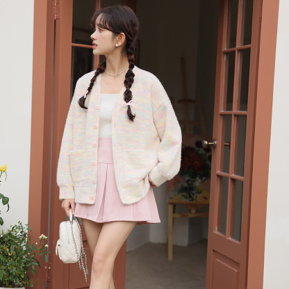 女春V領彩虹針織開衫