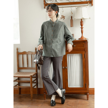 女士春秋古翼領打褶長袖襯衫