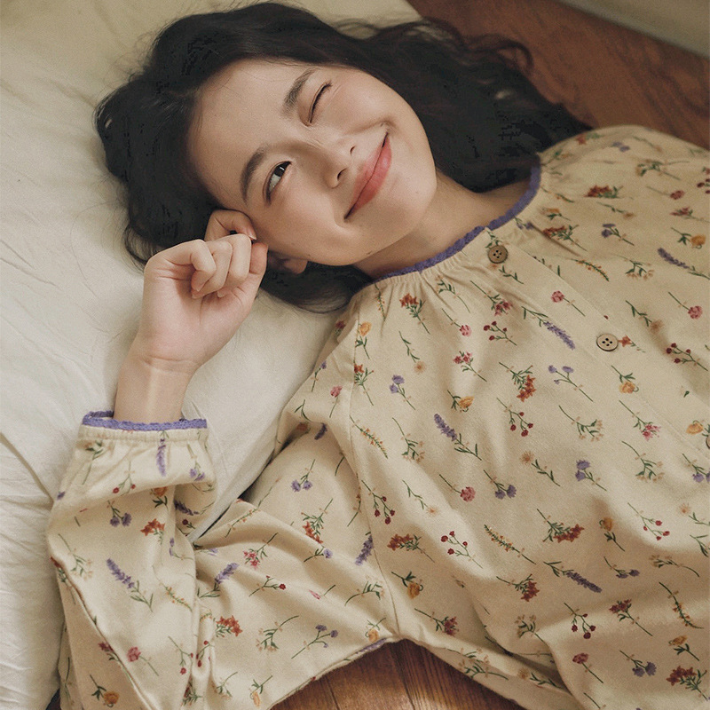 女士秋冬全棉磨毛絨布碎花圓領長袖長褲居家服