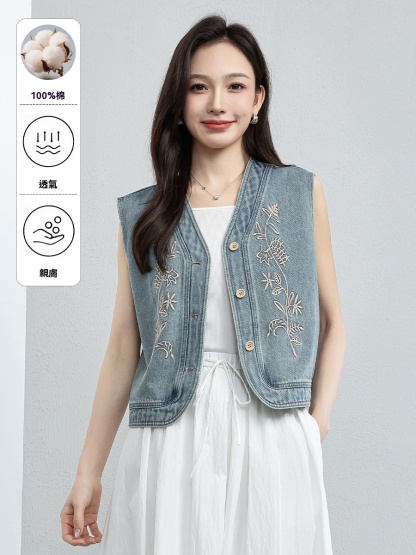 女夏季重工刺繡花朵牛仔馬甲