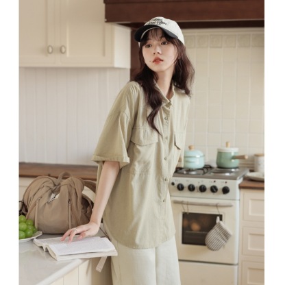 女夏小細方格落肩短袖襯衫