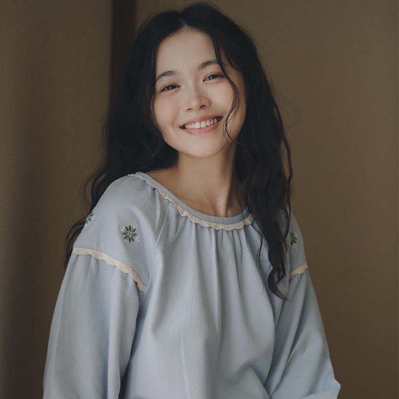 女士秋冬純棉磨毛刺繡圓領套头長袖長褲居家服