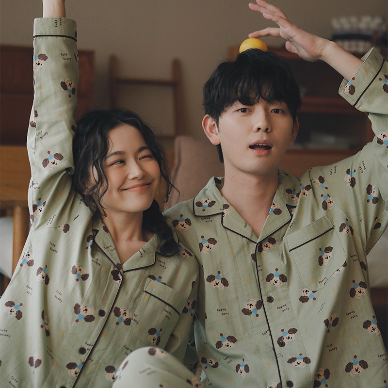 男款藍帽狗翻領長袖情侶睡衣