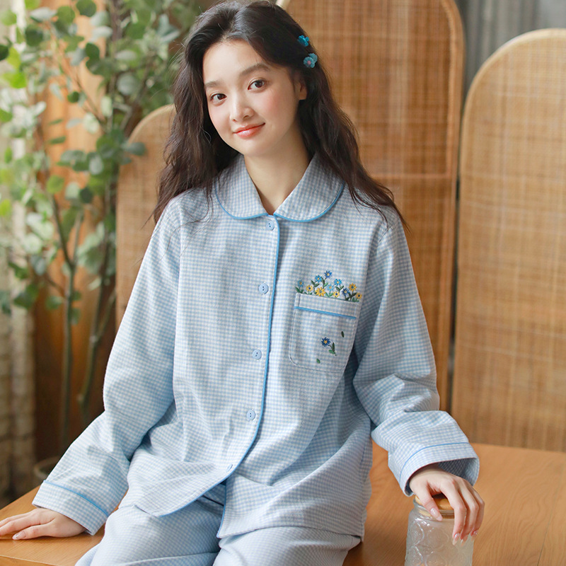 女士奇跡純棉磨毛小格碎花秋長袖長褲居家服