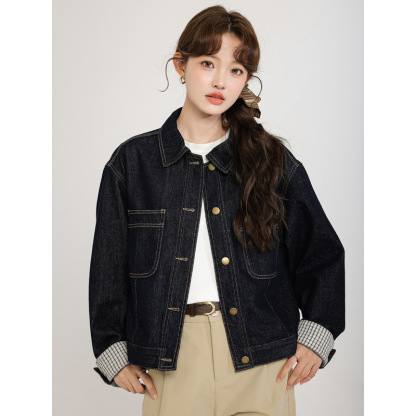 女士秋冬水洗藍格子袖口水洗牛仔外套