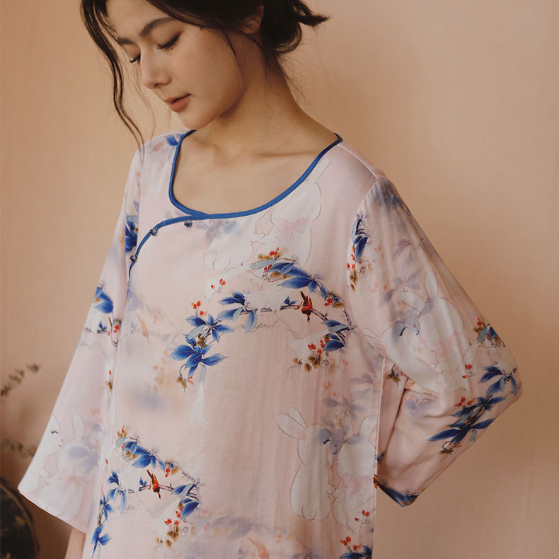 女款竹棉國風斜襟南笙印花長袖睡衣套裝