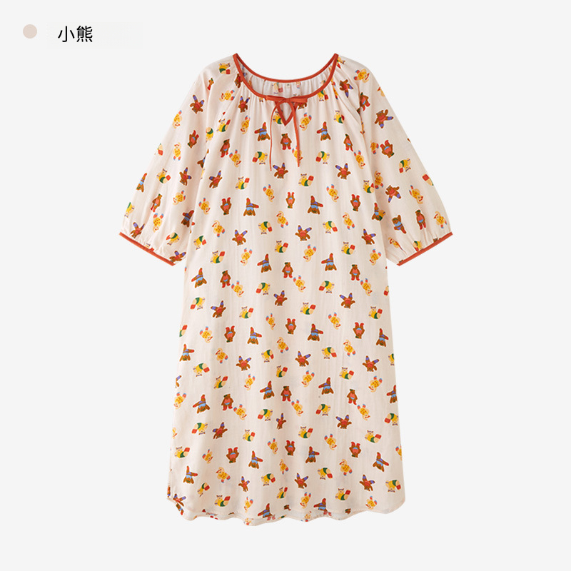 女款法式夏季七分袖純紗布可愛多睡裙