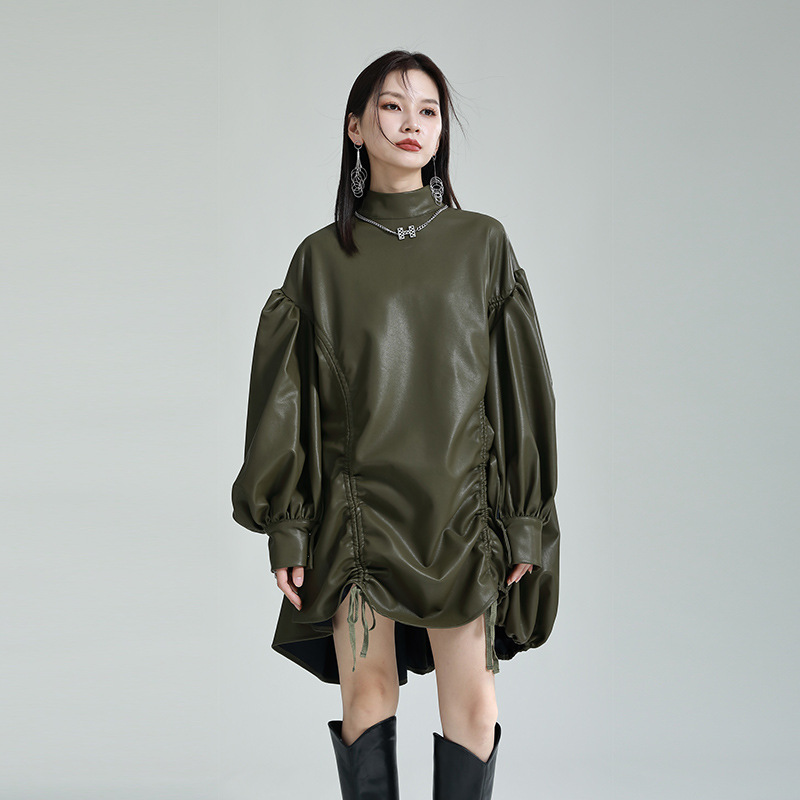 女士不規則抽繩立領斗篷燈籠袖連衣裙（oversize版型）