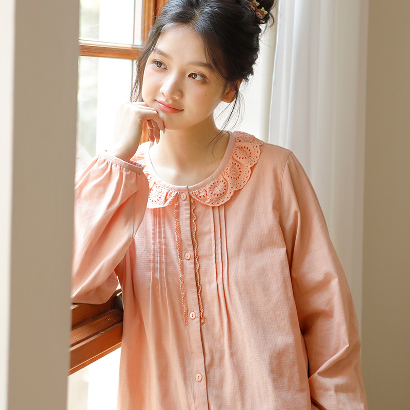 女士春秋純棉蕾絲花邊薄款家居服