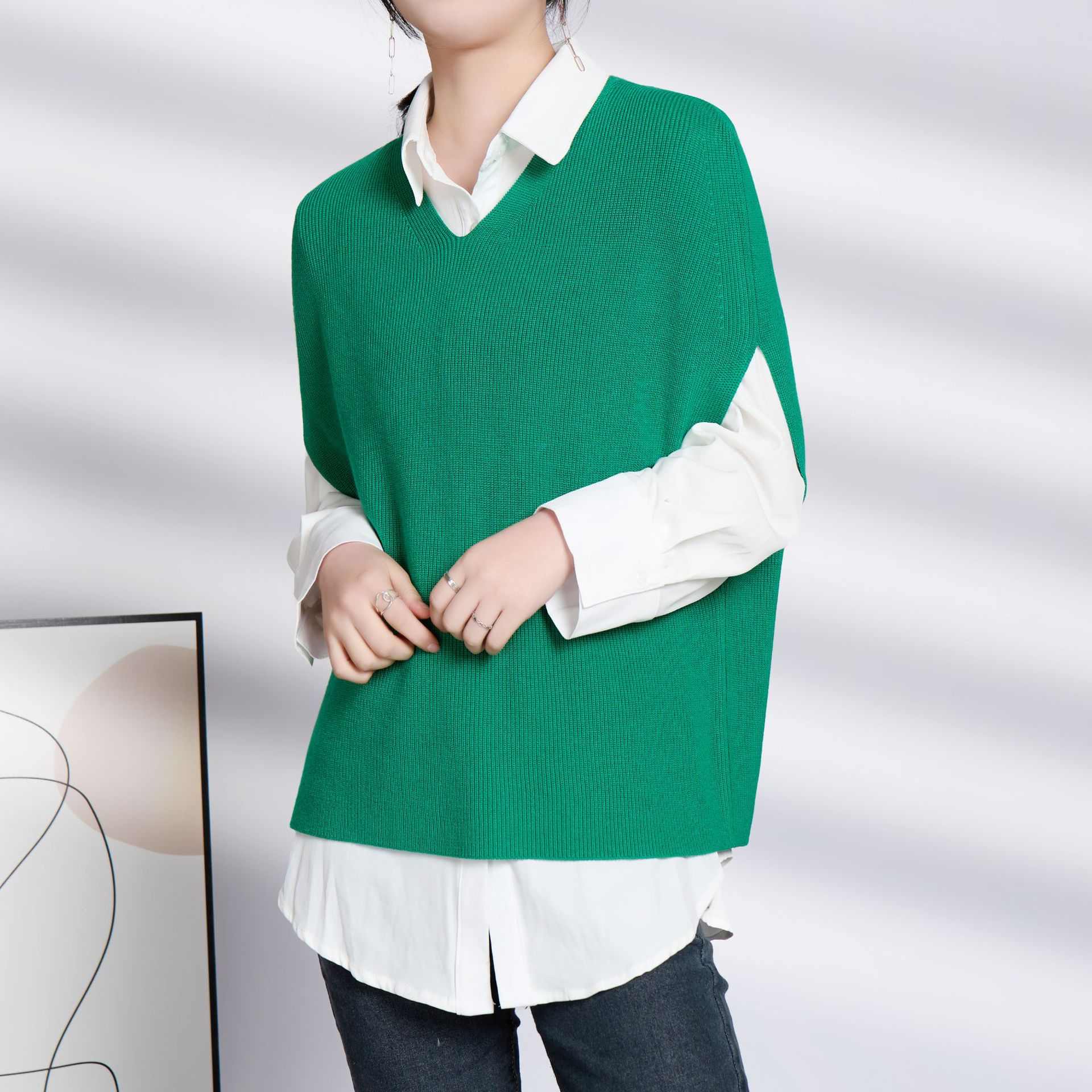 女士春秋V領寬鬆針織馬甲