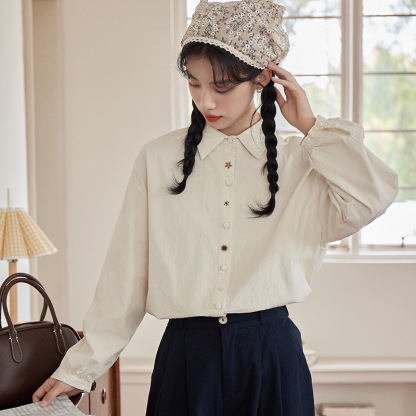 女士秋冬刺繡純色杏色長袖襯衫