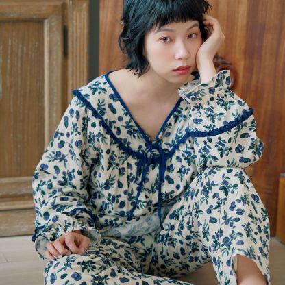 女春秋雙層棉紗漿果藤蔓長袖居家服