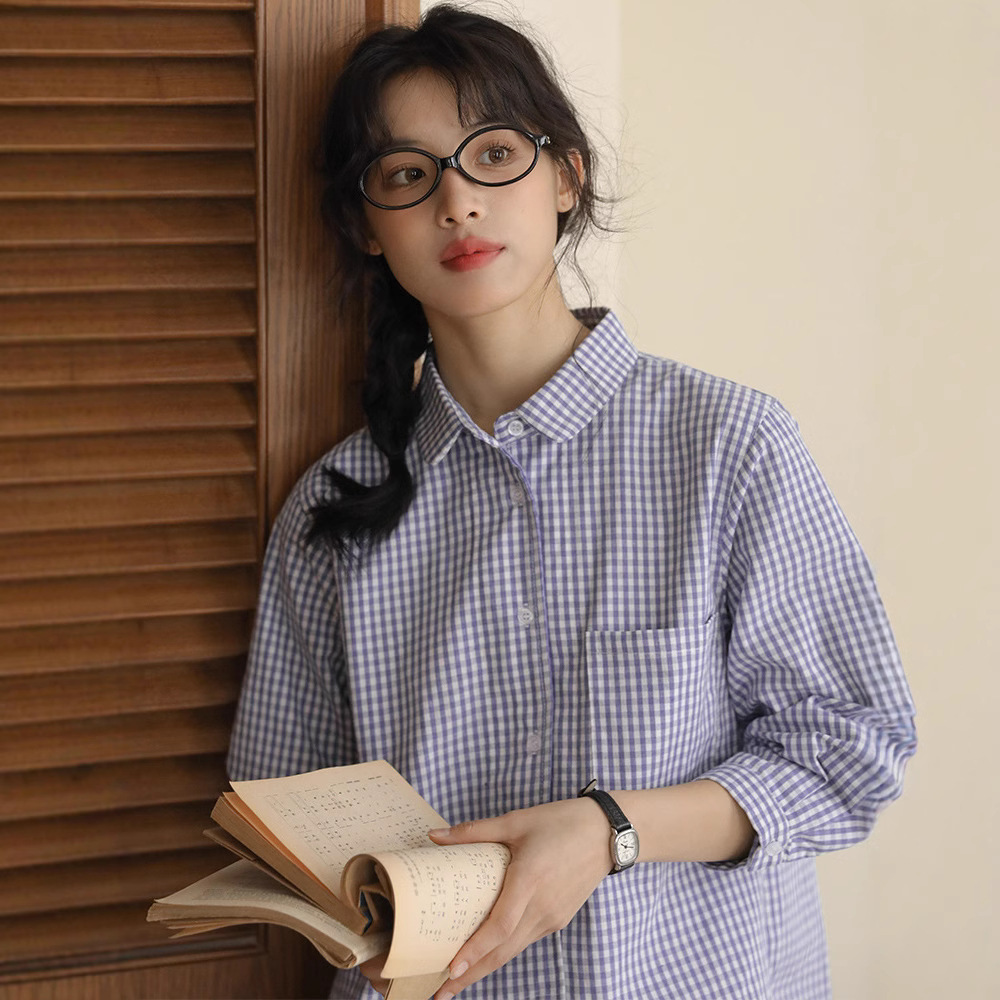 女士春秋翻領格子下擺圓弧長袖襯衫