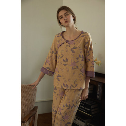 女士古風玉蘭花印花長袖圓領居家服套裝