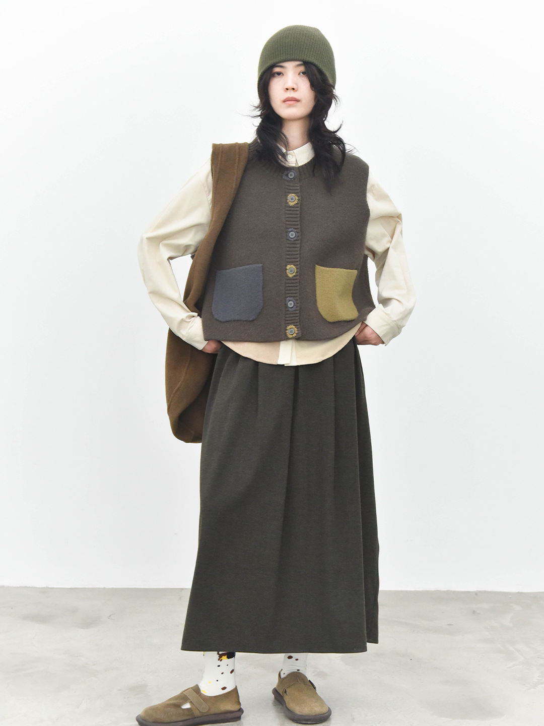 女士秋冬撞色手工扣眼針織馬甲