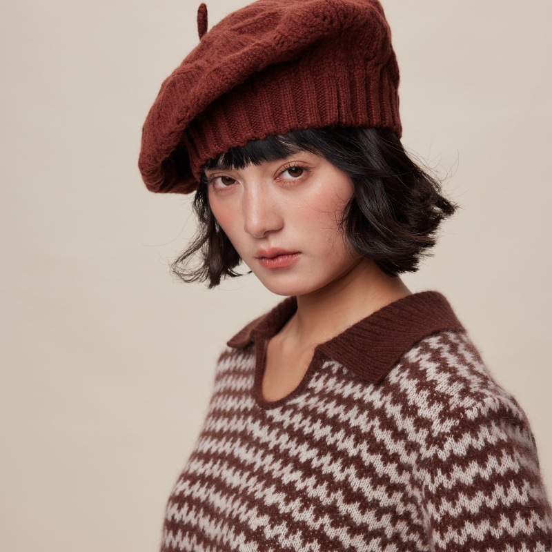 秋冬復古全羊毛毛線貝雷帽