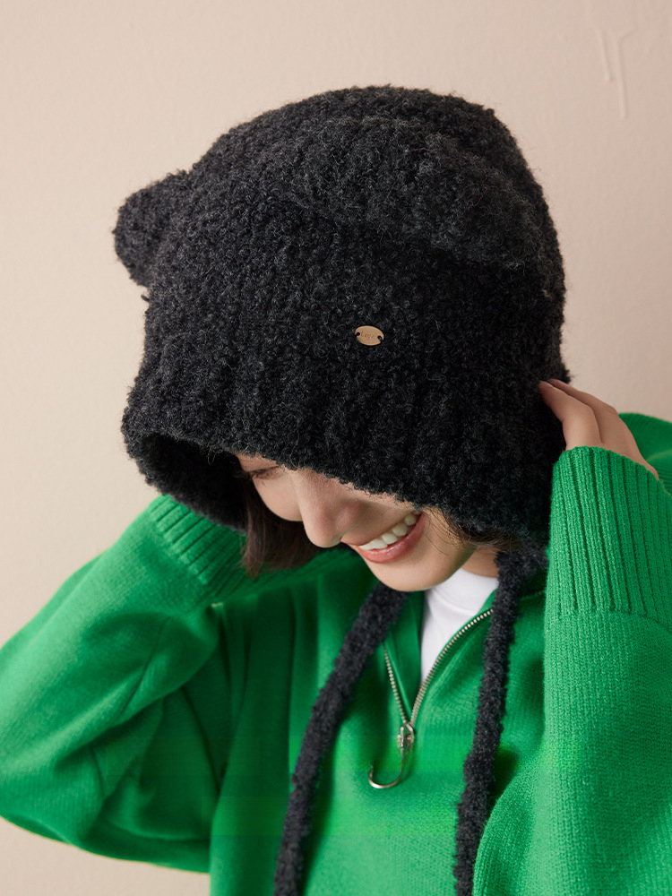 羊毛圈圈紗護耳小熊帽子