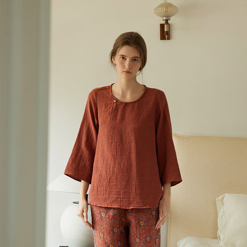 女士復古風拼色提花長袖睡衣家居服