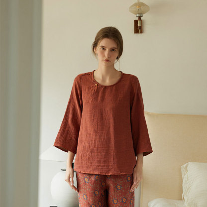 女士復古風拼色提花長袖睡衣家居服