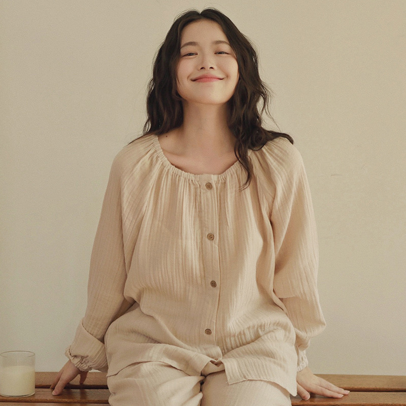 女士春秋雙層紗布圓領長袖長褲居家服