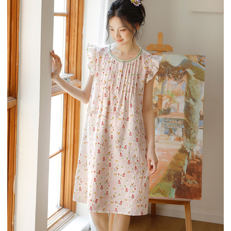 女款夏季碎花小飛袖無袖睡裙