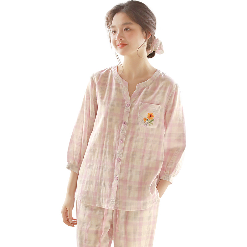女款棉紗格紋V領七分袖長褲睡衣套裝