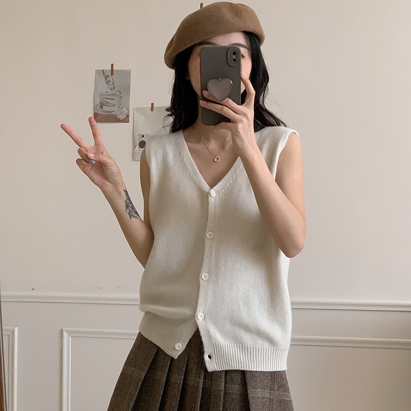 女士秋冬浣熊絨單排扣針織馬甲