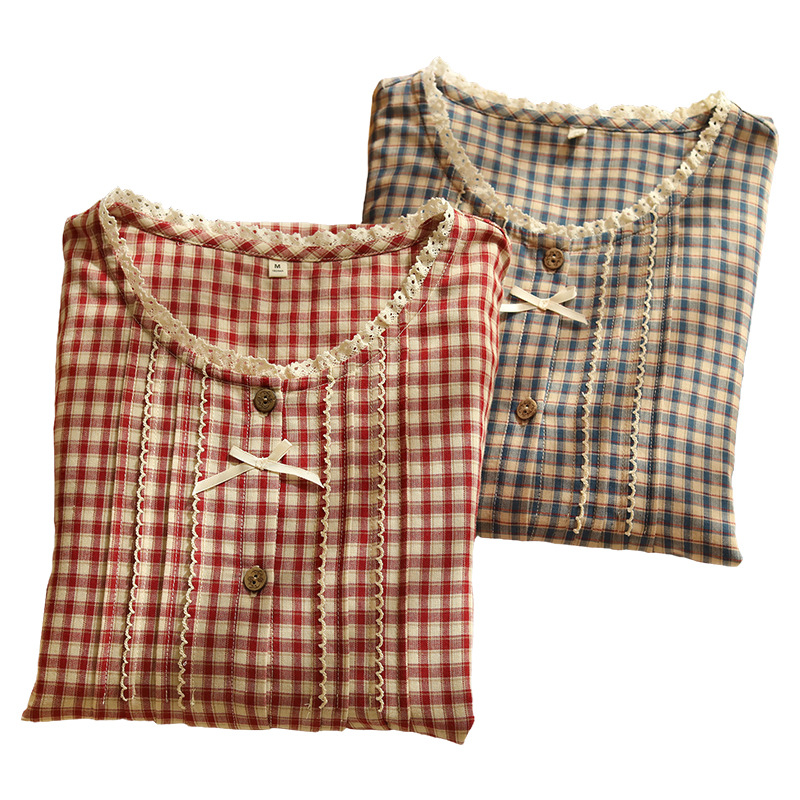 女士秋季純棉紗布格紋圓領長袖長褲居家服