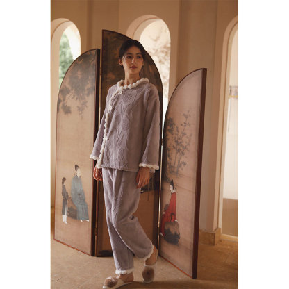 女士秋冬加絨鬱金香提花民國風睡衣