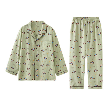 男款藍帽狗翻領長袖情侶睡衣