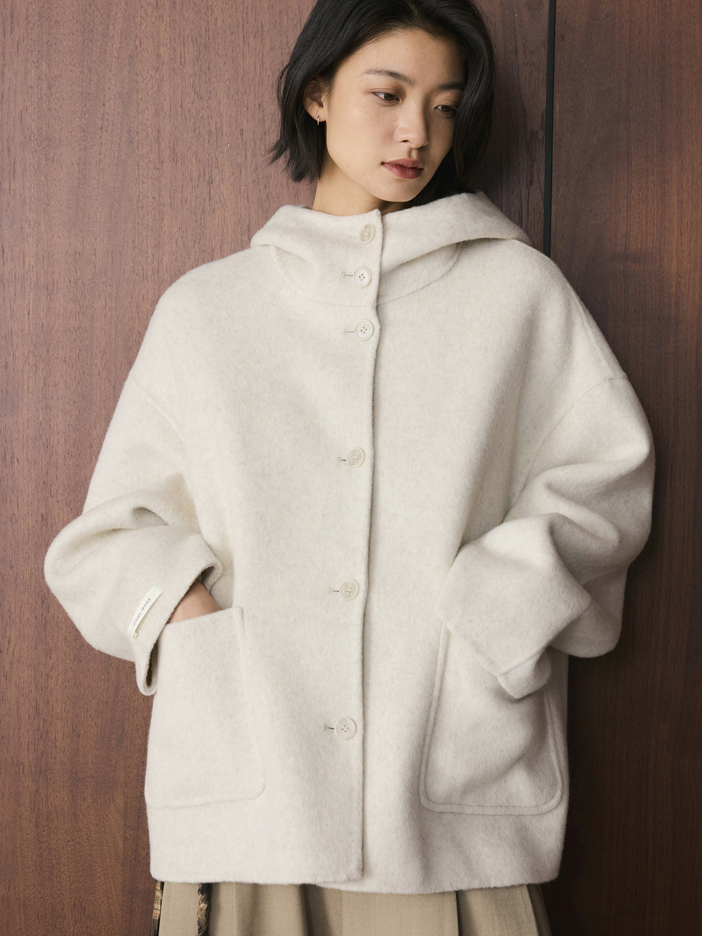 女士冬季連帽短款羊毛大衣