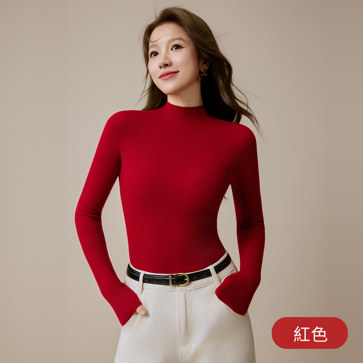 女士秋冬無縫一體綿羊毛半高領打底衫