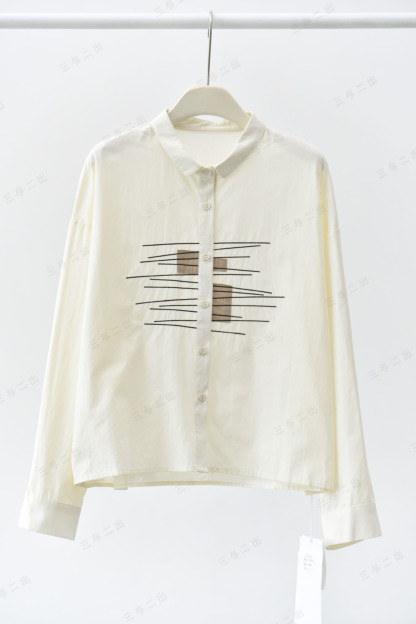 女士春秋簡約素描排線刺繡撞色貼布長袖襯衫