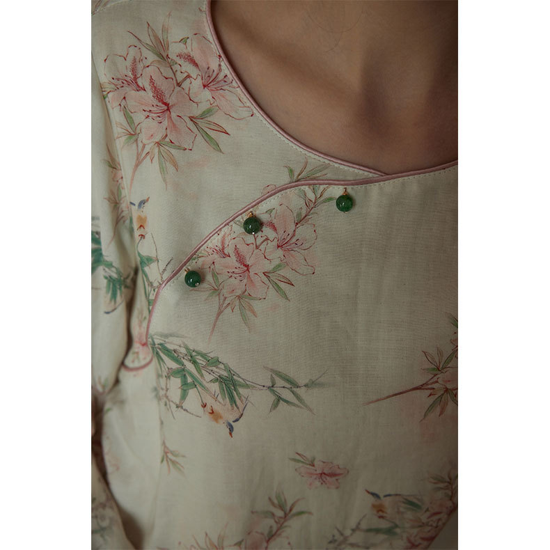 女士復古風竹纖維桃竹國風斜襟扣印花睡衣套裝