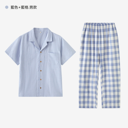 男款情侶款男士夏天純棉紗布藍格睡衣