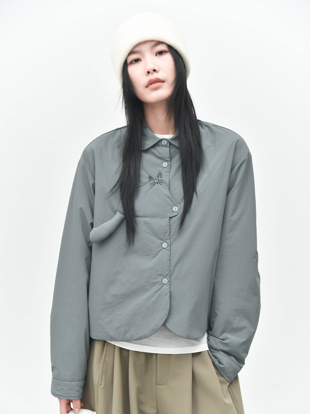 女士秋冬立體小貓尾巴充棉裝飾夾棉襯衫外套