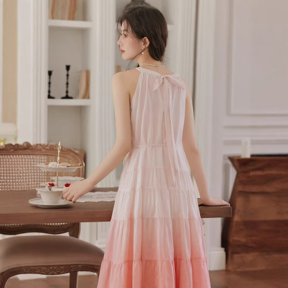 夏漸變粉無袖蝴蝶繫帶連衣裙子