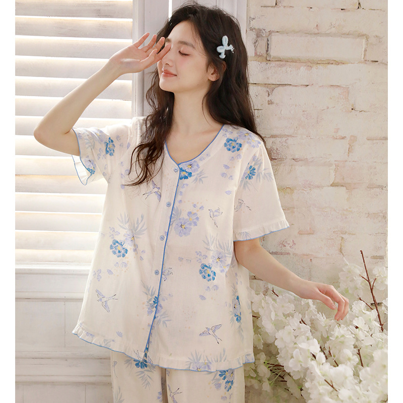 女夏季胸墊款藍花短袖居服套