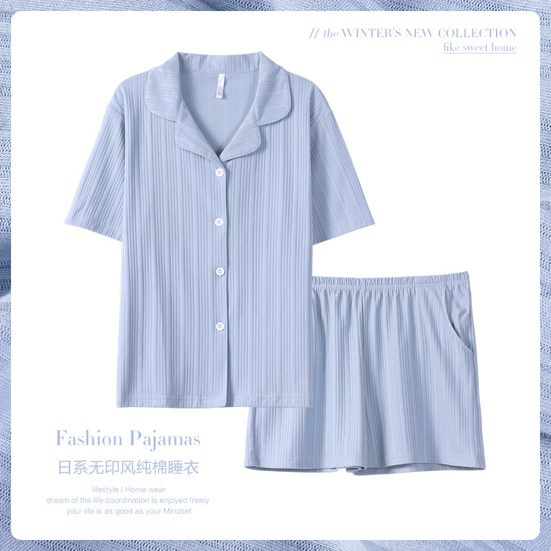 情侶款夏純棉短袖短褲開衫居家服