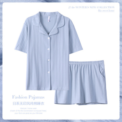 情侶款夏純棉短袖短褲開衫居家服