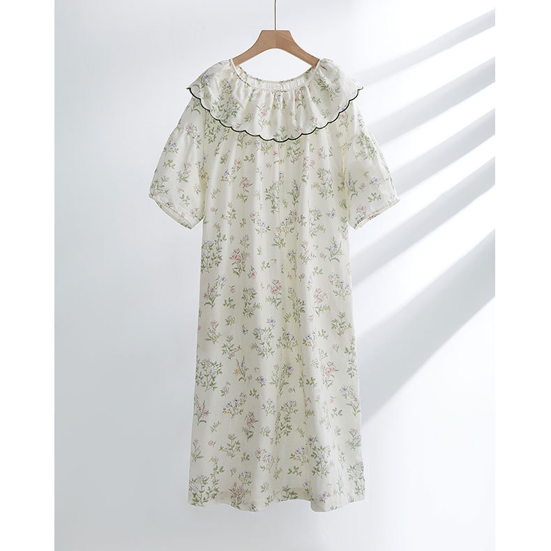 女士純棉雙層紗布廓版印花睡裙