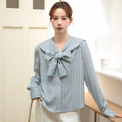 女士春秋海軍領蝴蝶結條紋長袖襯衫