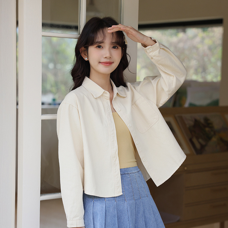 女士春季短款POLO領長袖襯衫
