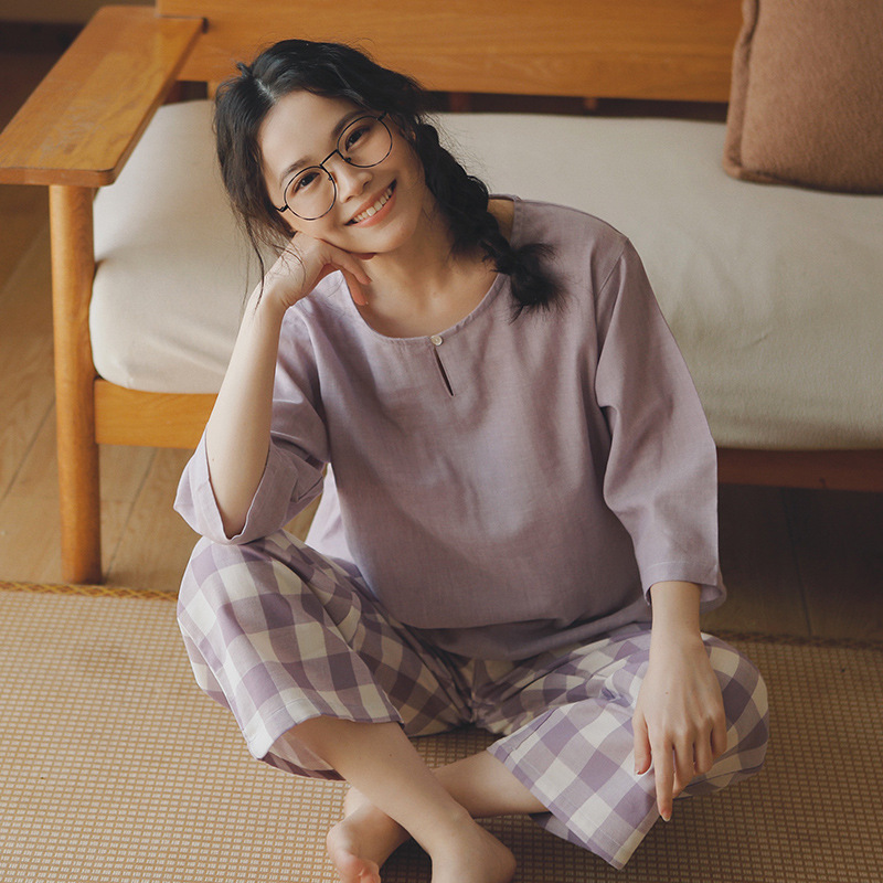 女款女士可外穿全棉春秋季七分袖居家服