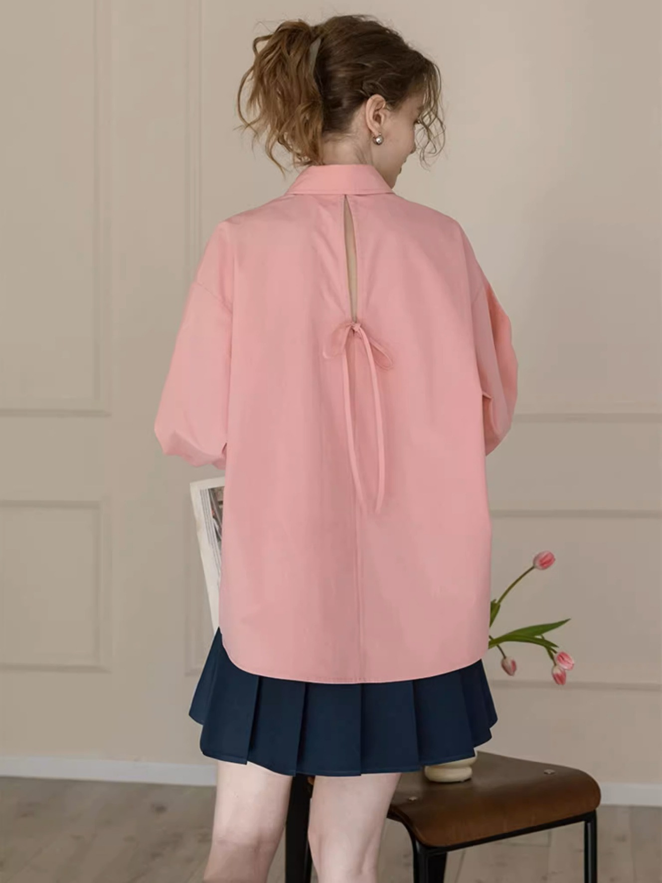 女士春季純棉蝴蝶結設計粉色襯衫