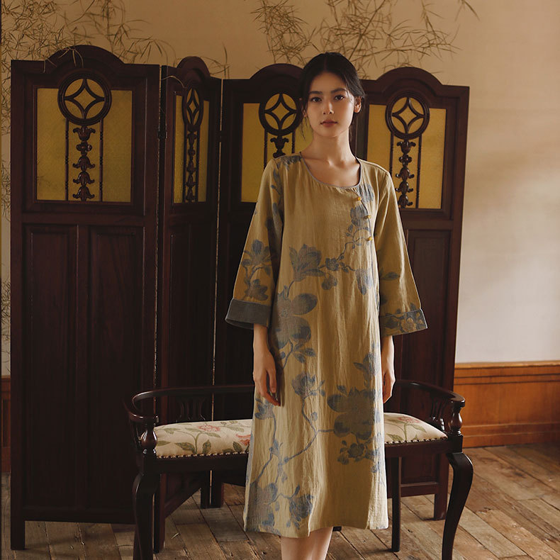  棉紗新中式斜襟古風玉蘭提花長袖睡裙