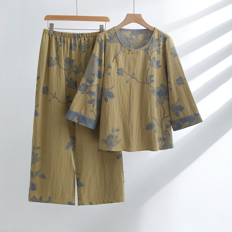 女士古風玉蘭花印花長袖圓領居家服套裝