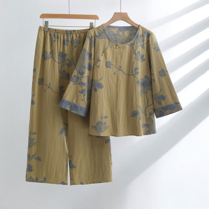 女士古風玉蘭花印花長袖圓領居家服套裝